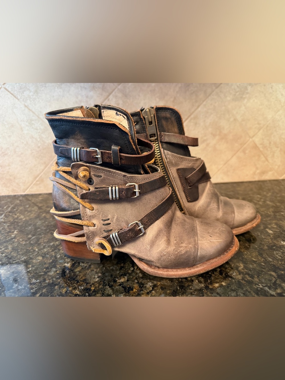 freebird Taupe and Dark Brown Leather Ankle Booties with Buckle Straps